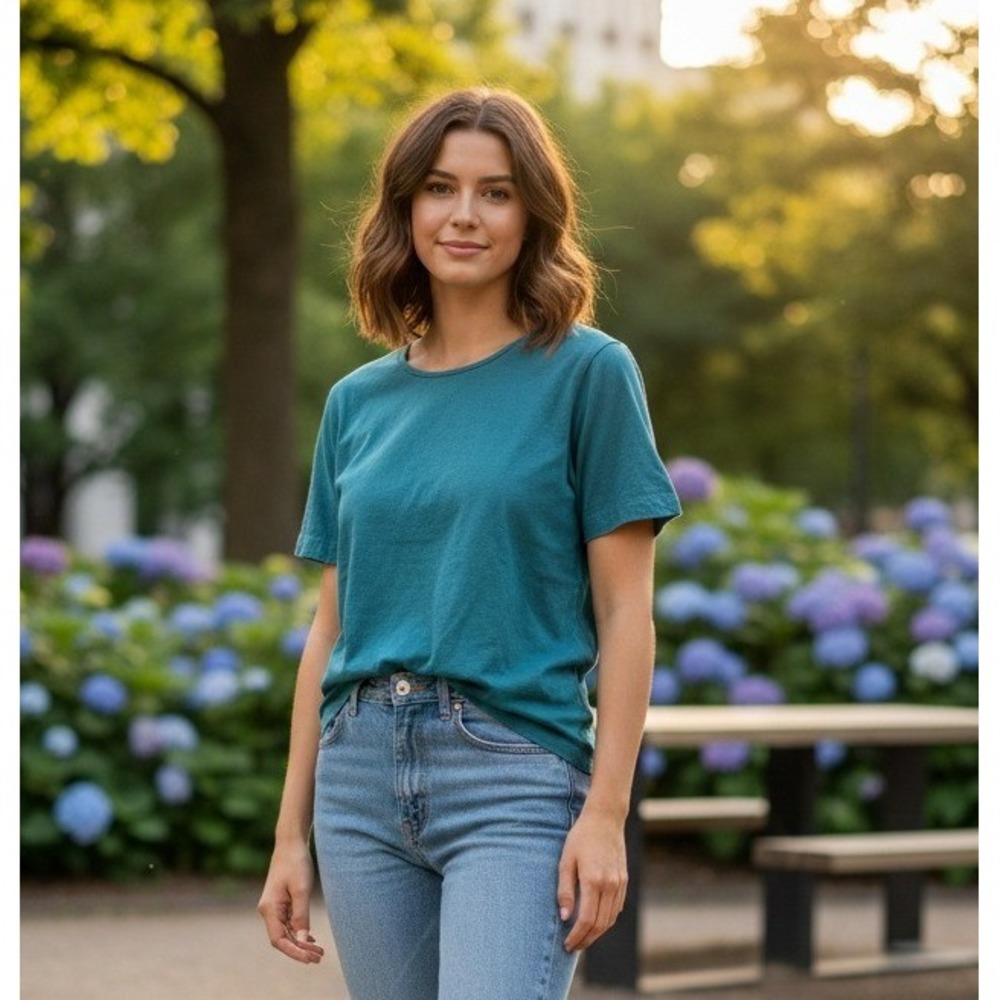 Bay Studio Linen Blend Short Sleeve‎ Top Women's M Teal Green Casual Minimalist